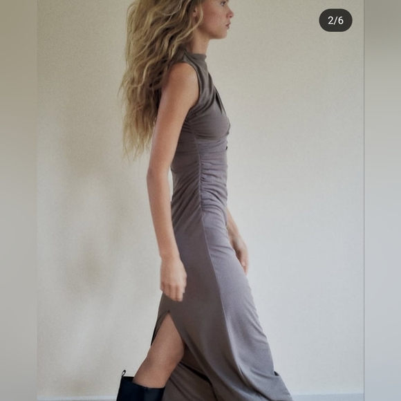 Zara Charcoal/Gray Mock Neck Ruched Draped Maxi Dress - size Large - Picture 4 of 14